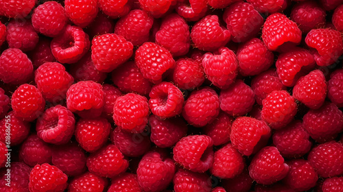 Background of fresh red raspberry arranged together representing concept of health diet. Top view. Generative Ai