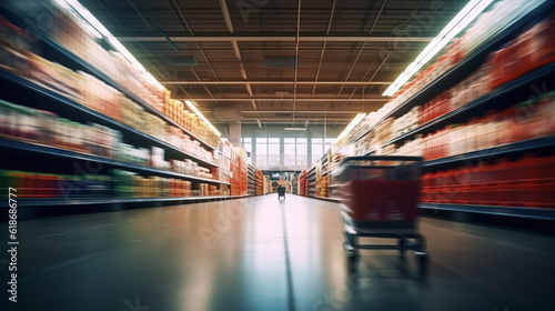 Supermarket aisle and shelves blurred background, created with Generative AI