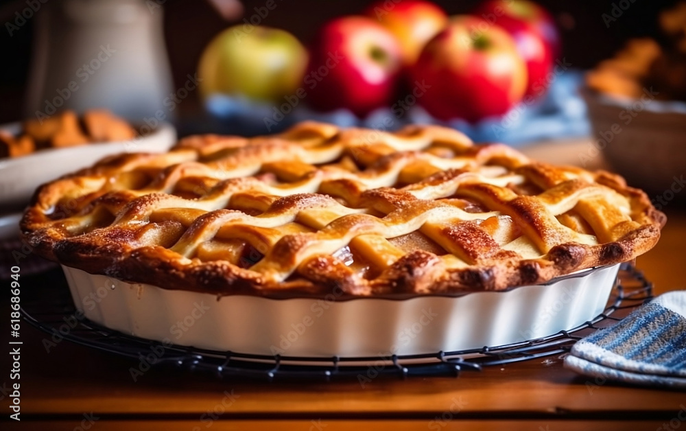 Apple pie on a wooden table. Close up side view. Apple pie on a wooden table. Close up side view.