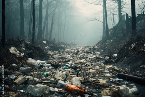 A forest full of garbage and plastic waste is a broad flag for environmental and recycling concept. Generative AI