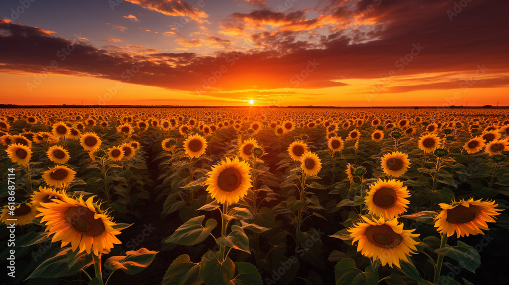 A field of sunflowers during sunset. Landscape with flowers during sunset. Generative AI. 