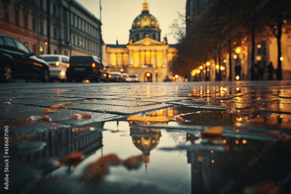 Abstract background of autumn raining city in Europe, river, beautiful european architecture reflected in puddles, no people outdoor.  Generative Ai