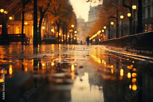 Abstract background of autumn raining city in Europe, river, beautiful european architecture reflected in puddles, no people outdoor. Generative Ai