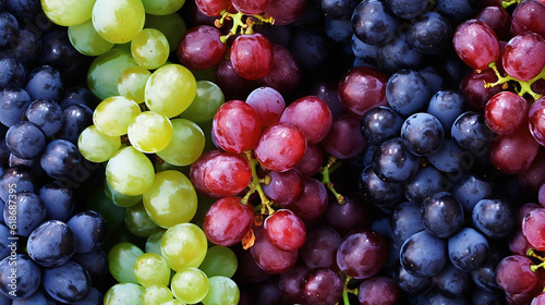 Background of fresh grapes arranged together representing concept of health diet. Top view. Generative Ai