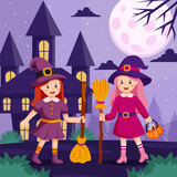 Happy Halloween background design vector with kids in Halloween costumes.