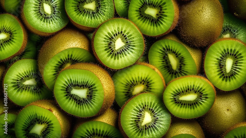 Background of fresh kiwi arranged together representing concept of health diet. Top view. Generative Ai