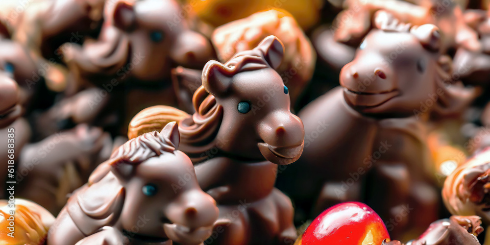 Ai Generated, Generative Ai, close up animal horse shape chocolate cacao candies, mixed flavor, bitter, milk, dark, bonbon, copy space, world chocolate day concept