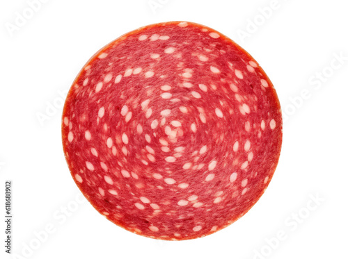 Round slice of salami isolated on transparent background, top view photo