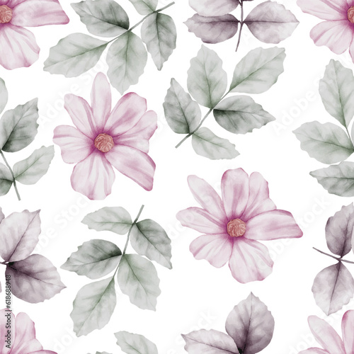beautiful watercolor purple flower and greenery leaves seamless pattern