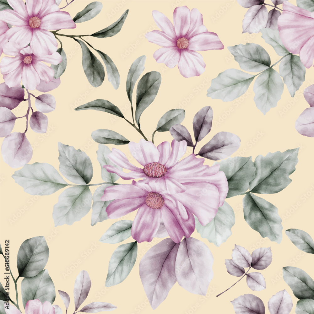 beautiful watercolor purple flower and greenery leaves seamless pattern