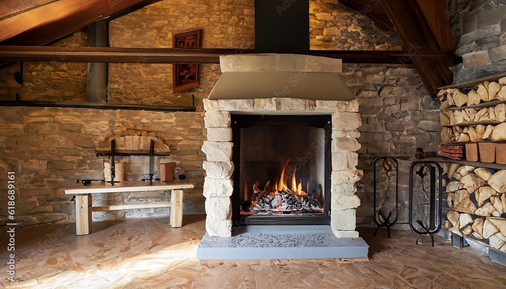 Fireplace in the old house. Harmonious Retreat: Fireplace, Wooden Beams, and the Allure of Natural Stone