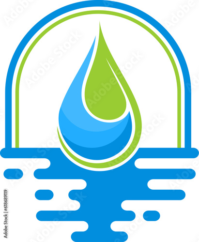 Ellipse shape with water drop and leaf and water reflection