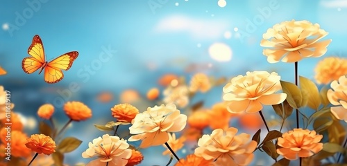 An illustration of a colorful spring flower. Natural landscape with many orange lantana flowers and fluttering butterflies against the blue sky on a sunny day. Made with Generative AI technology