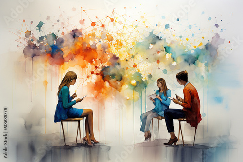 Two persons talking about business and working process using phones and notes. Business concept, chat bubbles, network connection idea. watercolor painting. Interview process. Generative AI. 