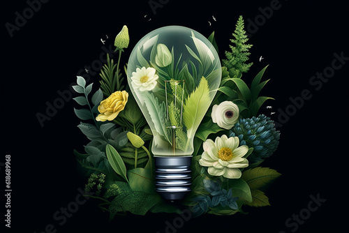 Eco friendly lightbulb with green plants against black background. Renewable and sustainable energy. Generative AI