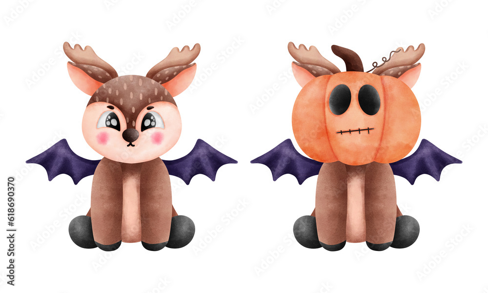 Fototapeta premium Two cute little reindeer with pumpkin hat and purple bat wings in whimsical watercolor illustration.