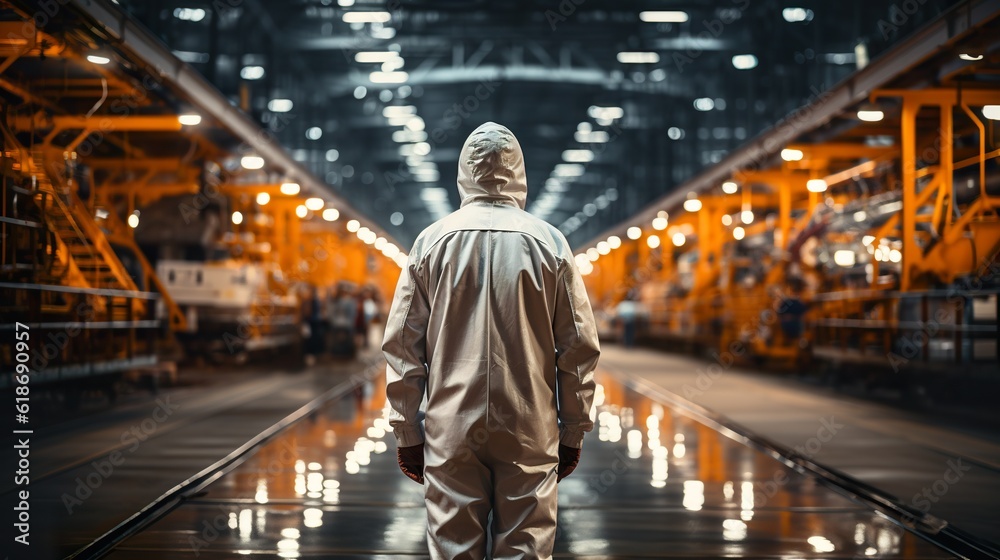employee in white uniform standing in big factory, generative AI