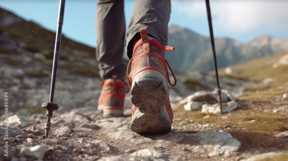 Shoes of a tourist walking in the mountains, close-up Shoes of a tourist walking in the mountains, close-up