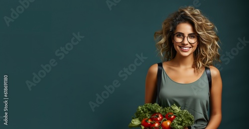 Happy young cute modern woman in glasses stands isolated next to light blue background, generative AI photo