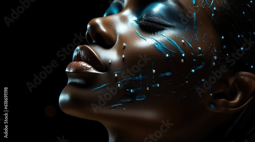 beautiful black woman with her face painted with blue and white dots, generative AI
