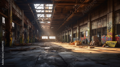 Territory of abandoned industrial area waiting for demolition. Broken and burnt buildings. Ai generative © maniacvector