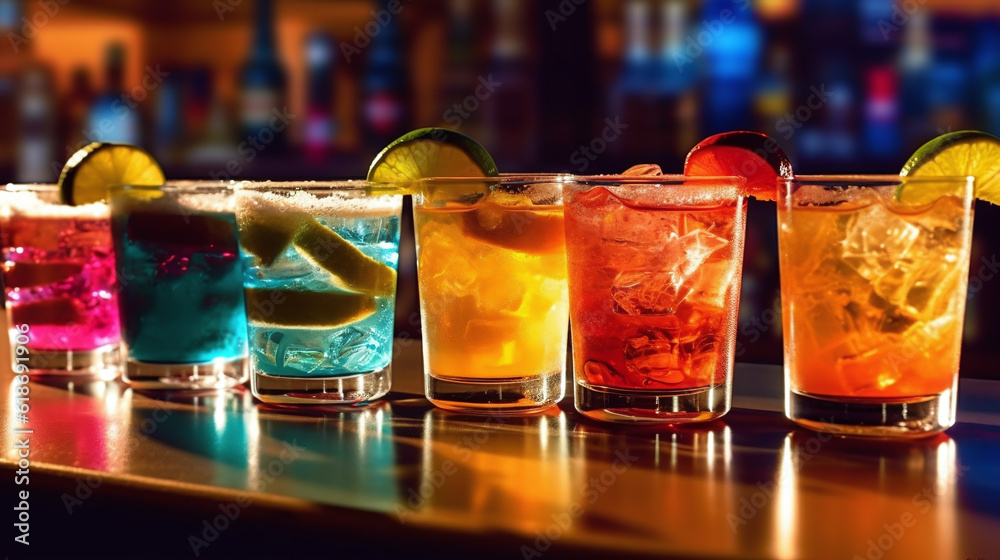 Alcoholic cocktail row on bar table, colorful party drinks, made with ai generative