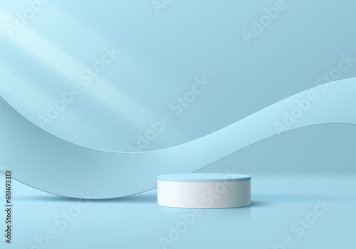 3D blue white cylinder realistic pedestal podium with wavy curve shape floating background. Wall minimal scene for mockup or product presentation, Stage showcase. Abstract vector geometric platforms.