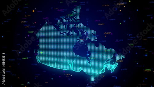 Futuristic Motion View Blue Colorful Shiny Digital Technology Hud Dots Mosaic Grid Canada Map Light Scanning With Numeric Tech Particles Background, Seamless Loop