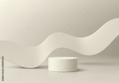 3D cream beige cylinder realistic pedestal podium background with wavy curve shape floating wall scene. Minimal mockup or product presentation, Stage showcase. Abstract vector geometric platforms.