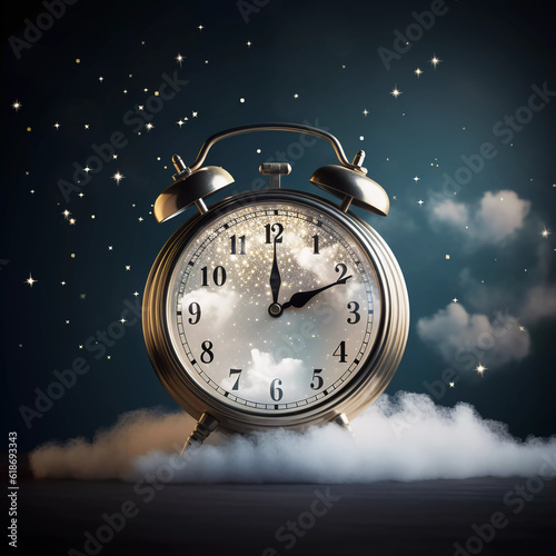 Alarm clock on fluffy white clouds on black background, time management, Relax time, Generative AI 