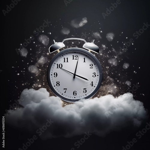 Alarm clock on fluffy white clouds on black background, time management, Relax time, Generative AI 