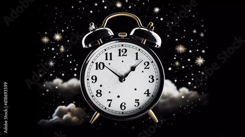 Alarm clock on fluffy white clouds on black background, time management, Relax time, Generative AI