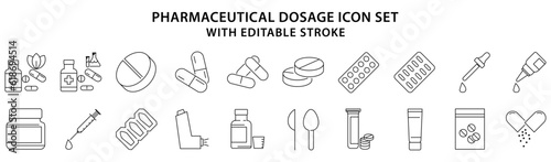 Pharmaceutical dosage icons.  Set icon of pharmaceutical dosage. types of drugs icon. vector illustration. editable stroke.