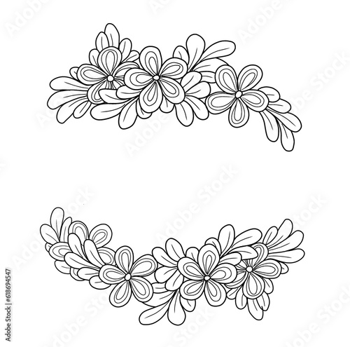 Hand-Drawn Line Art of Flowers and Leaves Circle Frame on a Transparent wedding decorative 