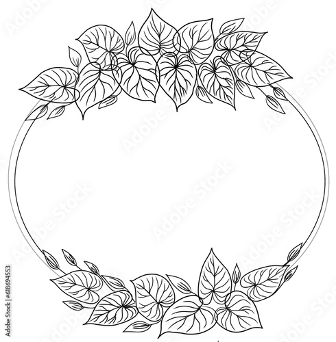 Simple Hand-Drawn botanical leaves Line Art Circle Frame with Round Decorative Element for Design and Décor