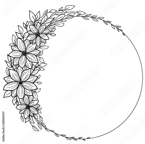 Hand-Drawn Line Art of Flowers and Leaves Circle Frame on a Transparent PNG Background for decorative wedding invitation card