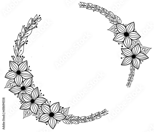 Hand-Drawn Line Art of Flowers and Leaves Circle Frame on a Transparent PNG Background for decorative wedding invitation card