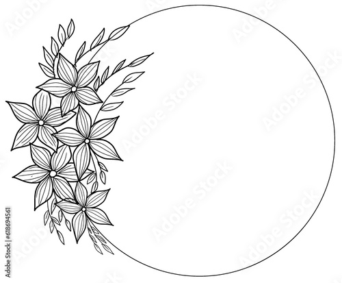 Hand-Drawn Line Art of Flowers and Leaves Circle Frame on a Transparent PNG Background for decorative wedding invitation card