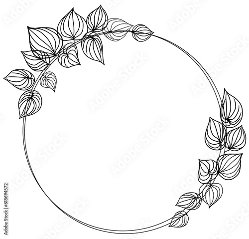 Simple Hand-Drawn leaf Line Art Circle Frame with Leaves Round Decorative Element for Design and Décor