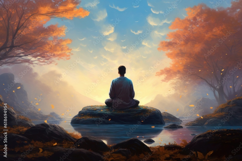 Scene of meditative stillness crafted to evoke a deep sense of peace, capturing the essence of serenity and inviting a calm state of mind through its serene ambiance. Generative AI