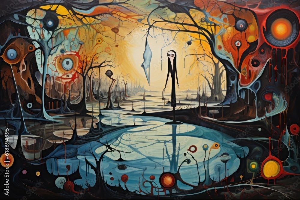 Obraz premium Art characterized by bold colors and distorted forms, invoking a sense of emotional intensity and subjective interpretation in a visually striking and impactful manner. Generative AI
