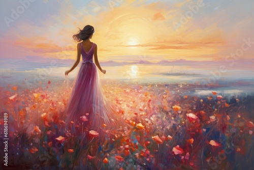 Floral serenity: Impressionism artwork featuring a lone woman amidst a vibrant landscape of blooming flowers, capturing the beauty of the moment with soft brushstrokes and vivid colors. Generative AI