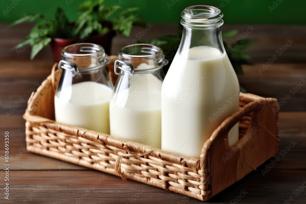 Farm Fresh Milk in Rustic Wicker Basket with Vintage Bottles Farm Fresh Milk in Rustic Wicker Basket with Vintage Bottles