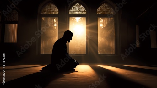 silhouette Muslim man praying in the mosque on dark background, illustration for product presentation template, copy space. Ai generative
