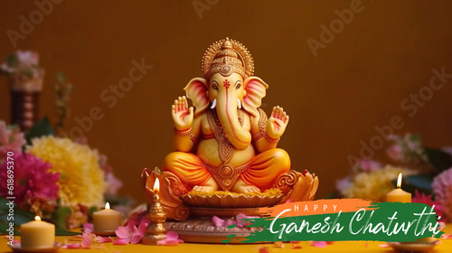 Happy Ganesh Chaturthi with Golden Lord Ganesha Sculpture. AI Generative Image