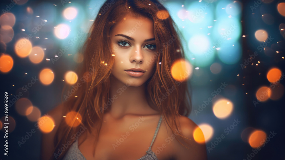 Beautiful skinny young woman on golden bokeh background.