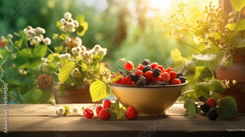 Berries in a ceramic bowl on a small wooden table.