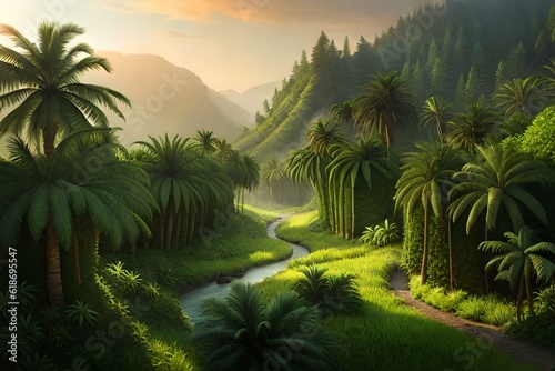 Lush tropical jungle with towering palm trees and dense undergrowth.