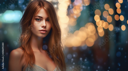 Beautiful skinny young woman on golden bokeh background.