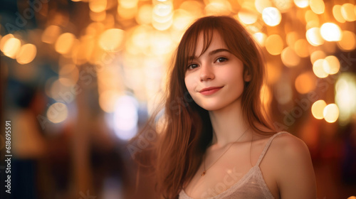 Beautiful skinny young woman on golden bokeh background. © tashechka